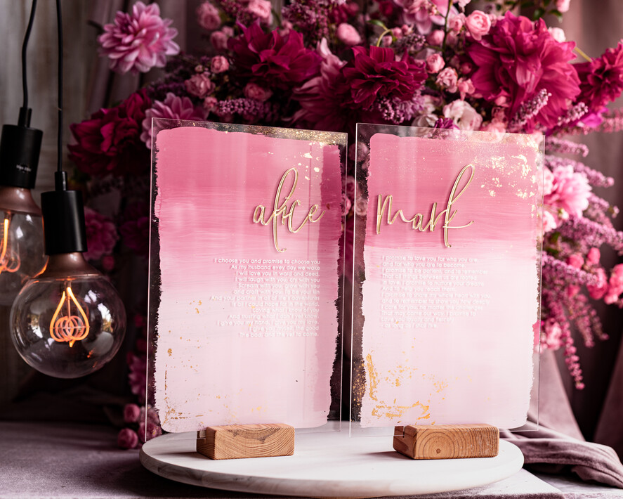 Przysięga Małżeńska  Błogosławieństwo od Rodziców Przysięga Małżeńska   akrylowe tabliczki z przysięgą małżeńską, malowane farbą w odcieniach różu, przysięga małżeńska na pamiątkę dla Pary Młodej, 6