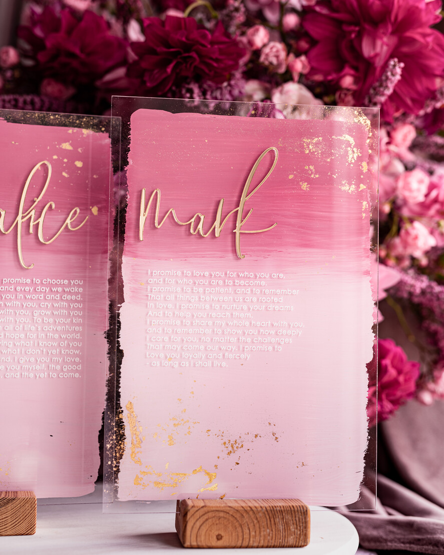 Przysięga Małżeńska  Błogosławieństwo od Rodziców Przysięga Małżeńska   akrylowe tabliczki z przysięgą małżeńską, malowane farbą w odcieniach różu, przysięga małżeńska na pamiątkę dla Pary Młodej, 5