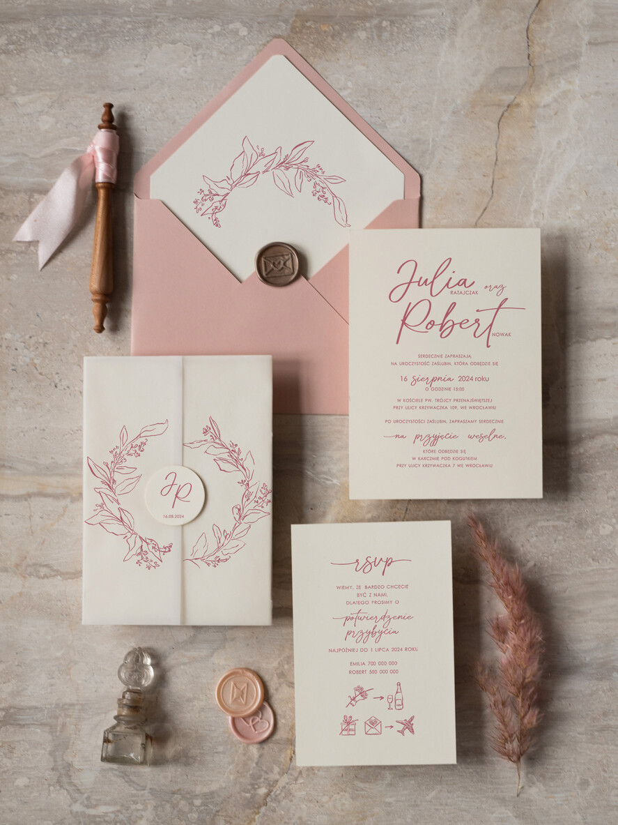 Zaproszenia ślubne Proste i Nowoczesne  pudrowe różowe zaproszenia slubne eleganckie zaproszenia ślubne z kalką, delikatne zaproszenia slubne, proste i nowoczesne wzory zaproszeń ślubnych1