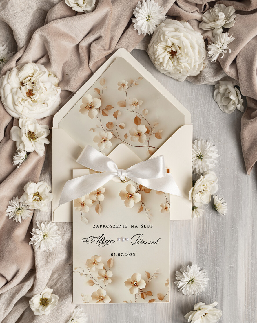 Zaproszenia ślubne Proste i Nowoczesne  oryginalne zaproszenia na ślub w kieszonce, eleganckie zaproszenie ślubne ze wstążką, kwiatowe zaproszenia ślubne w kieszonce ze wstążką2
