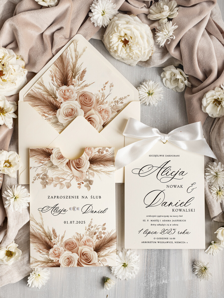 Zaproszenia ślubne Proste i Nowoczesne  nowoczesne zaproszenia na ślub w kieszonce, eleganckie zaproszenie ślubne ze wstążką, kwiatowe zaproszenia ślubne w kieszonce ze wstążką, zaproszenia na slub w jasnych kolorach1
