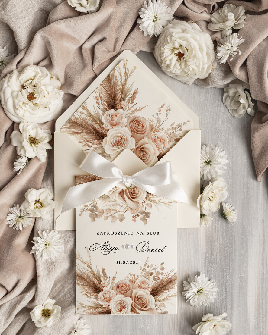 Zaproszenia ślubne Proste i Nowoczesne  nowoczesne zaproszenia na ślub w kieszonce, eleganckie zaproszenie ślubne ze wstążką, kwiatowe zaproszenia ślubne w kieszonce ze wstążką, zaproszenia na slub w jasnych kolorach0
