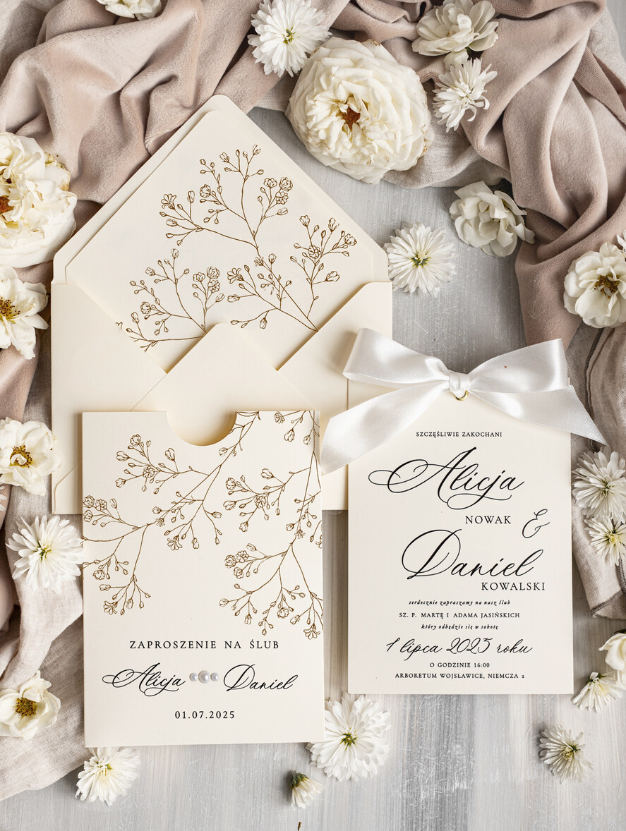Zaproszenia ślubne Proste i Nowoczesne  nowoczesne zaproszenia na ślub w kieszonce, eleganckie zaproszenie ślubne ze wstążką, kwiatowe zaproszenia ślubne w kieszonce ze wstążką, zaproszenia na slub w jasnych kolorach0