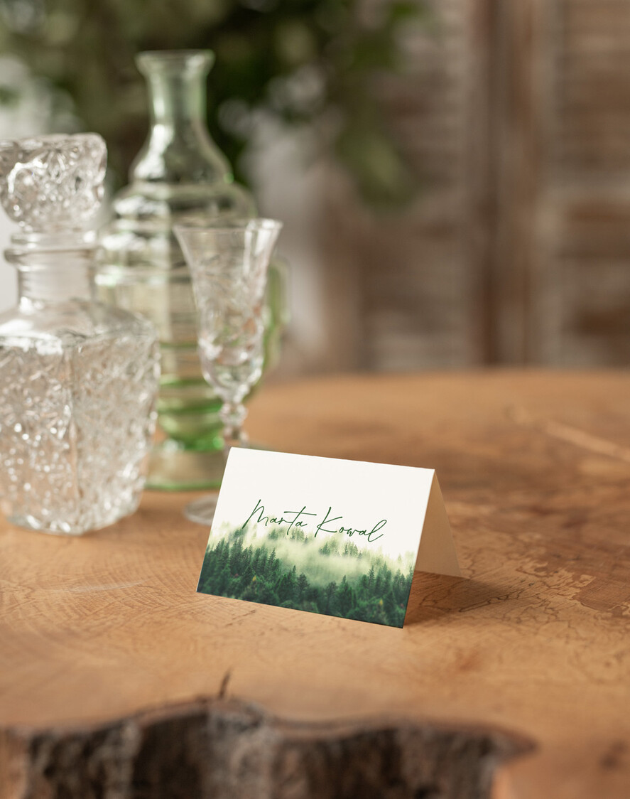 Winietki Nowoczesne prosta forma  wizytówki weselne z grafiką góry i las  delikatna grafika na winietkach ślubnych, proste i eleganckie winietki na stół weselny, wizytówki ślubne ecru z grafiką2