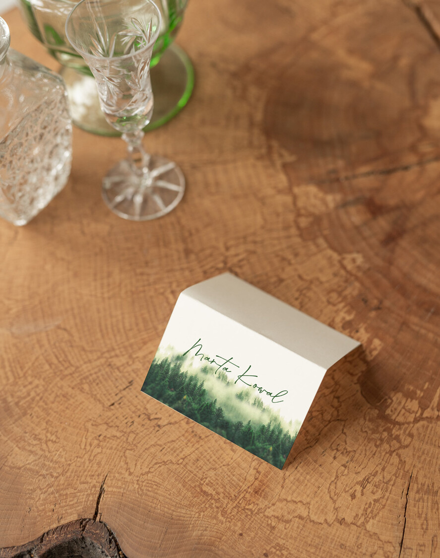 Winietki Nowoczesne prosta forma  wizytówki weselne z grafiką góry i las  delikatna grafika na winietkach ślubnych, proste i eleganckie winietki na stół weselny, wizytówki ślubne ecru z grafiką1
