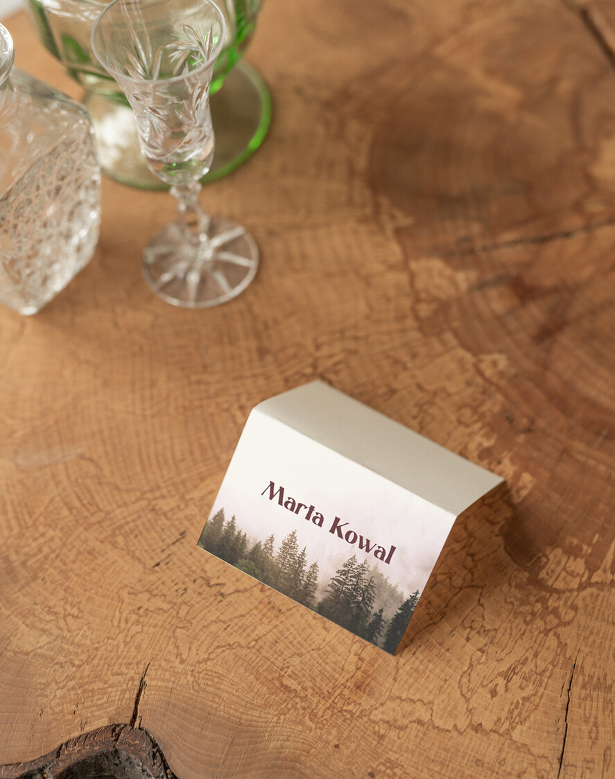 Winietki Nowoczesne prosta forma  winietki weselne z grafiką góry i las  delikatna grafika na winietkach ślubnych, proste i eleganckie winietki na stół weselny, wizytówki ślubne ecru z grafiką0