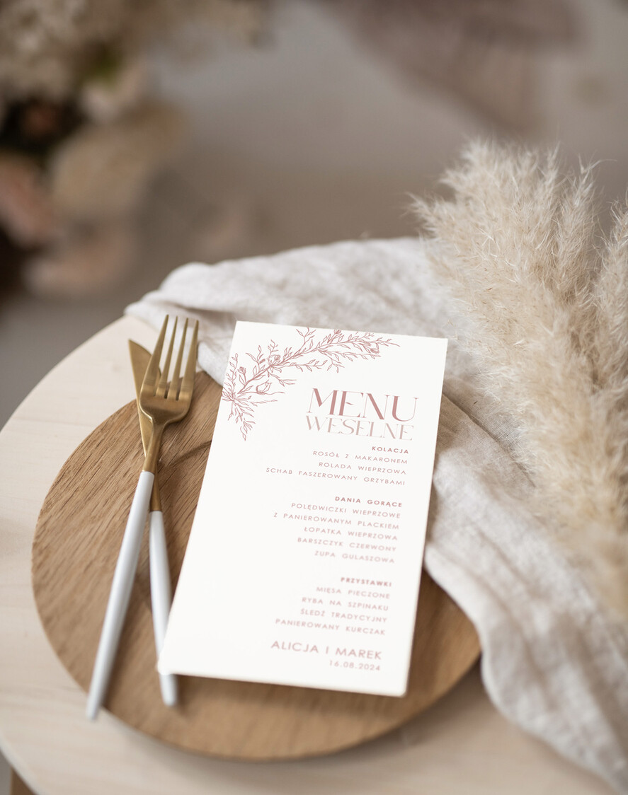 Menu Nowoczesne prosta forma  karta dań na wesele, proste menu weselne w kolorze ecru, karta dań weselnych, menu weselne, plan podawania posiłków, menu dopasowane do zaproszeń2