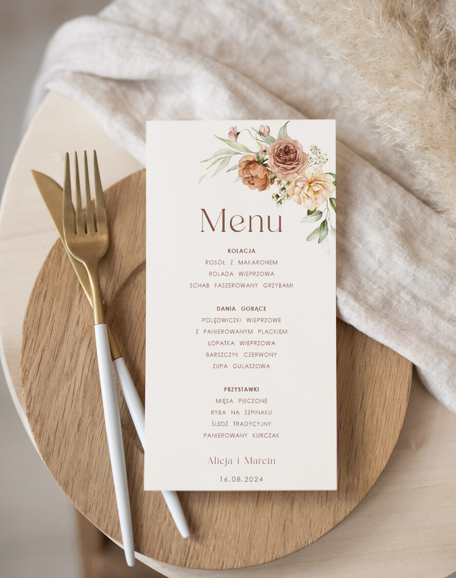 Menu Nowoczesne prosta forma  plan podawania posiłków na weselu, eleganckie menu na stoły weselne, karta dań na wesele, proste menu weselne w kolorze ecru, karta dań weselnych, menu weselne0