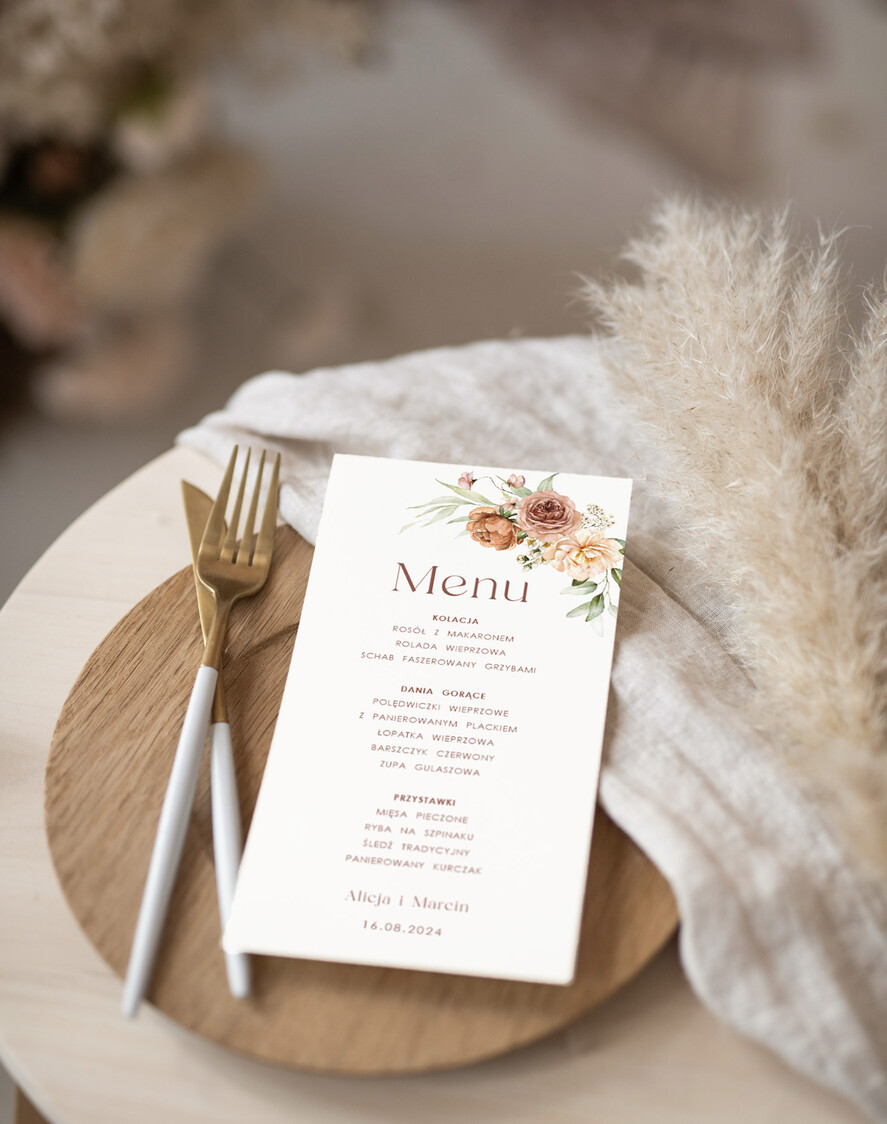 Menu Nowoczesne prosta forma  plan podawania posiłków na weselu, eleganckie menu na stoły weselne, karta dań na wesele, proste menu weselne w kolorze ecru, karta dań weselnych, menu weselne2