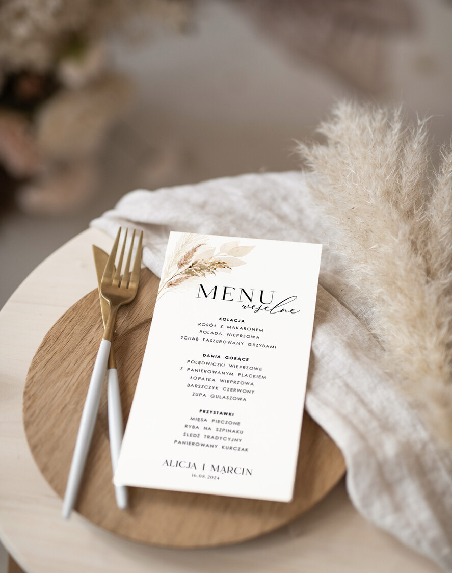Menu Nowoczesne prosta forma  eleganckie menu na stoły weselne, karta dań na wesele, proste menu weselne w kolorze ecru, karta dań weselnych, menu weselne, plan podawania posiłków2
