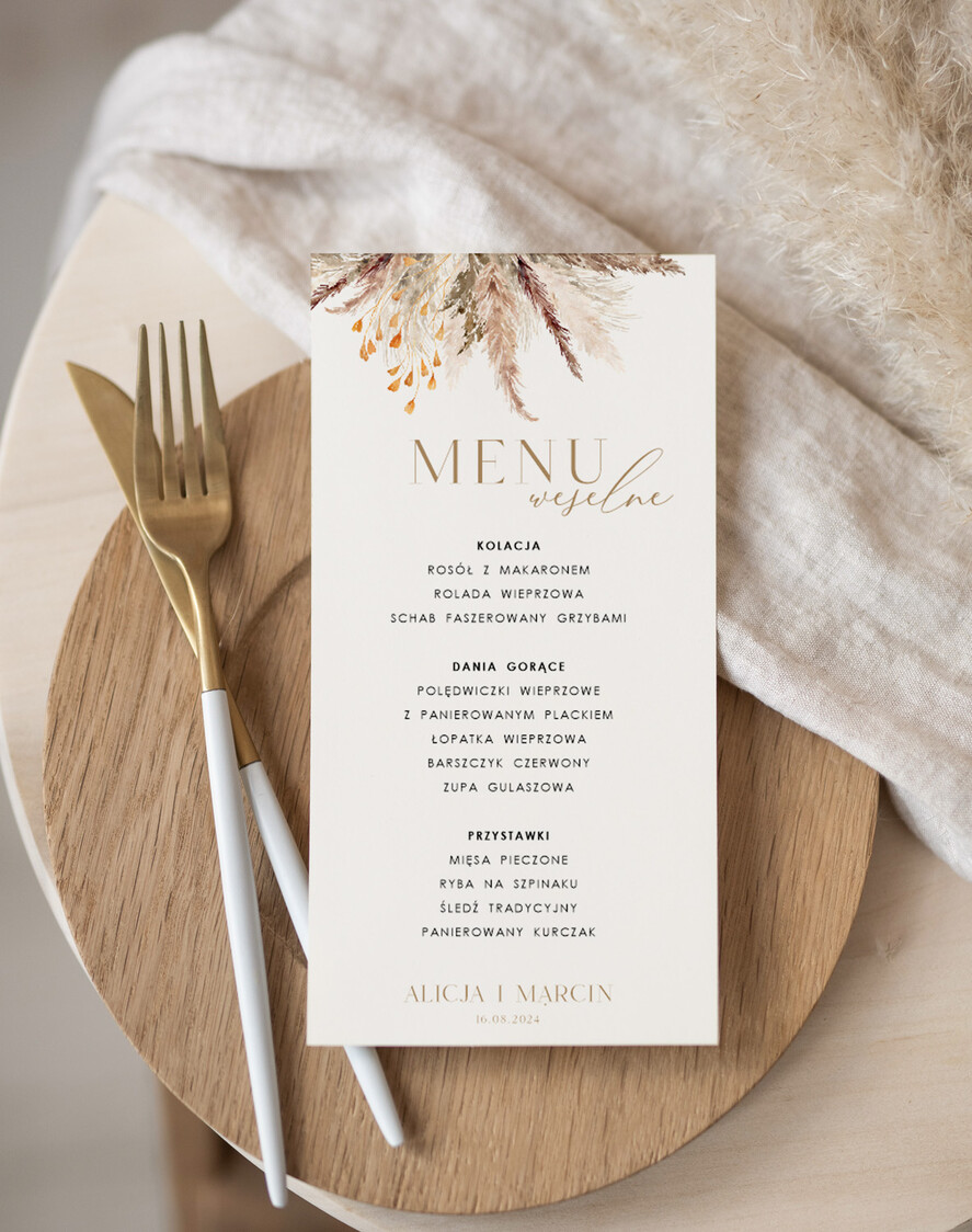 Menu Nowoczesne prosta forma  eleganckie menu na stoły weselne, karta dań na wesele, proste menu weselne w kolorze ecru, karta dań weselnych, menu weselne, plan podawania posiłków1