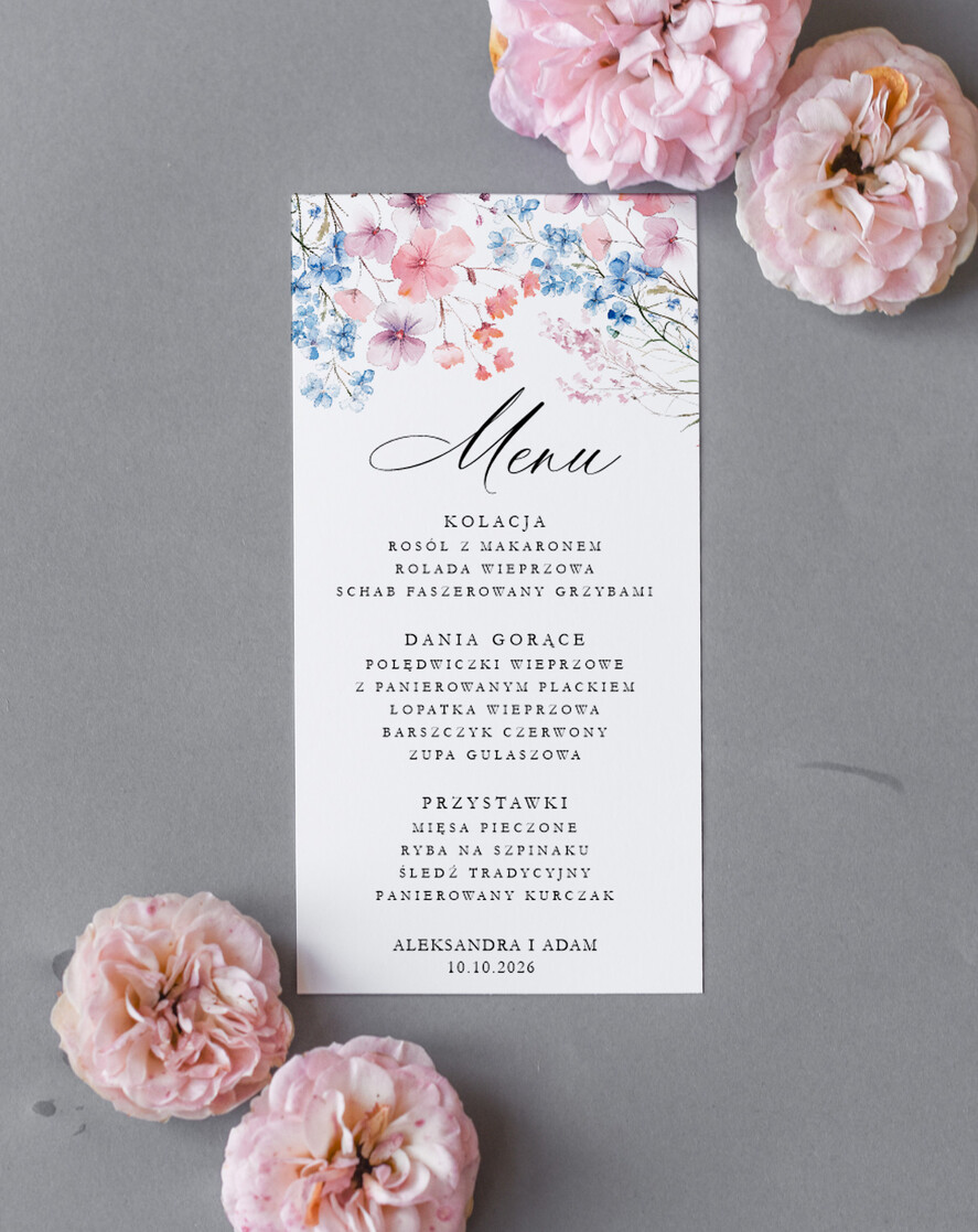 Menu Nowoczesne prosta forma  kwiatowe menu na stoły weselne, karta dań na wesele, proste menu weselne w kolorze ecru, karta dań weselnych, menu weselne, plan podawania posiłków na weselu1