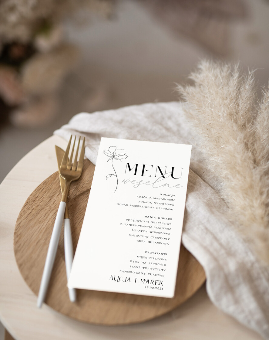 Menu Nowoczesne prosta forma  nowoczesne i proste menu weselne, karta dań weselnych menu weselne plan podawania posiłków, menu dopasowane do zaproszeń2