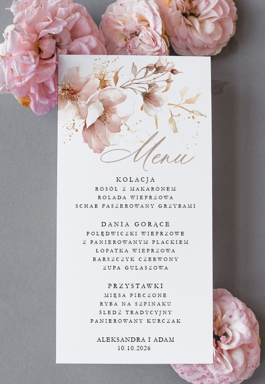 Menu Nowoczesne prosta forma  kwiatowe menu na stoły weselne, karta dań na wesele, proste menu weselne w kolorze ecru, karta dań weselnych, menu weselne, plan podawania posiłków na weselu0