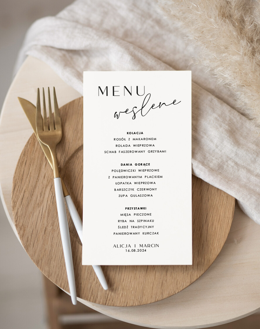 Menu Nowoczesne prosta forma  karta dań weselnych menu weselne plan podawania posiłków, menu dopasowane do zaproszeń 0