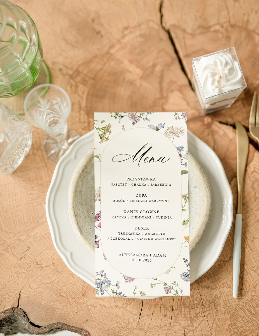 Menu Nowoczesne prosta forma  kwiatowe menu na stoły weselne, karta dań na wesele, proste menu weselne w kolorze ecru, karta dań weselnych, menu weselne, plan podawania posiłków na weselu0