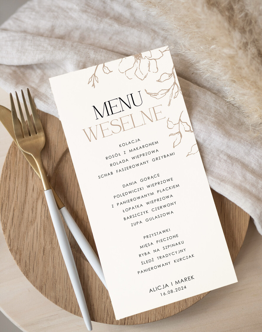 Menu Nowoczesne prosta forma  nowoczesne i proste menu weselne, karta dań weselnych menu weselne plan podawania posiłków, menu dopasowane do zaproszeń1