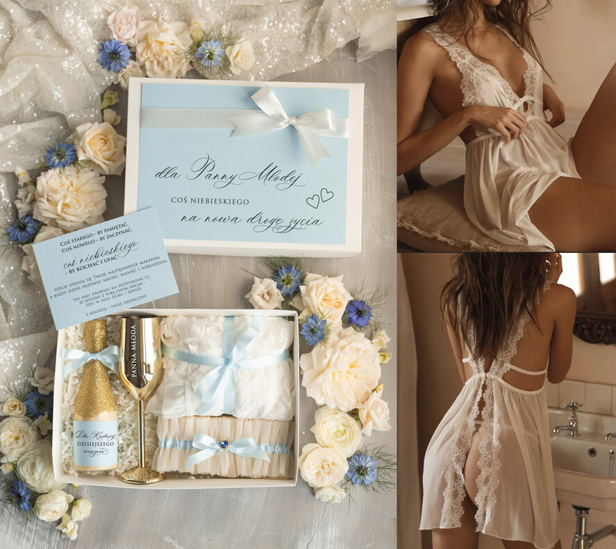 Prezenty dla Panny Młodej  zestawy z koszulką na noc poślubną Prezent na wieczór Panieński - komplet na noc poslubną box prezentowy z podwiązką coś niebieskiego 7