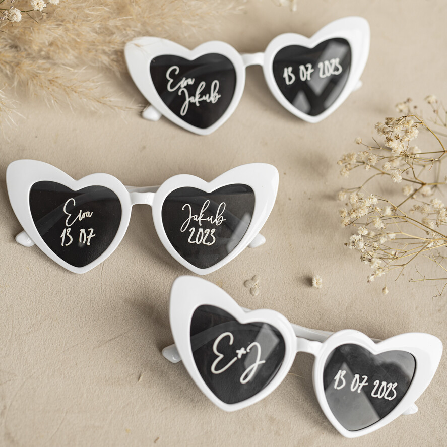 Panna Młoda  okulary ślubne okulary ślubne z napisami, białe okulary serduszka dla panny młodej, okulary w kształcie serca z napisami, śmieszne okulary na ślub 5
