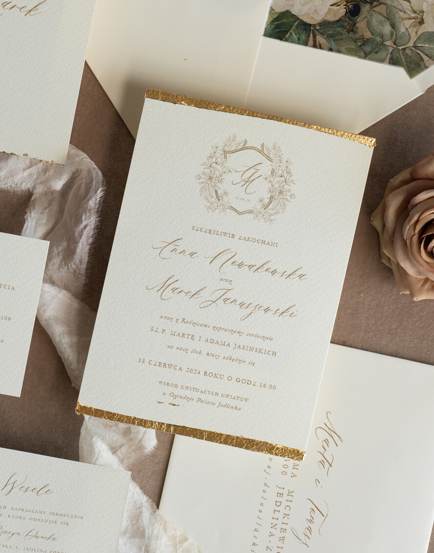 Zaproszenia ślubne Wydzierane Brzegi Delikatne zaproszenia ślubne z płatkami złota, eleganckie zaproszenia na ślub ze złotem, zaproszenie glamour ze złotkiem, zaproszenia  vintage2
