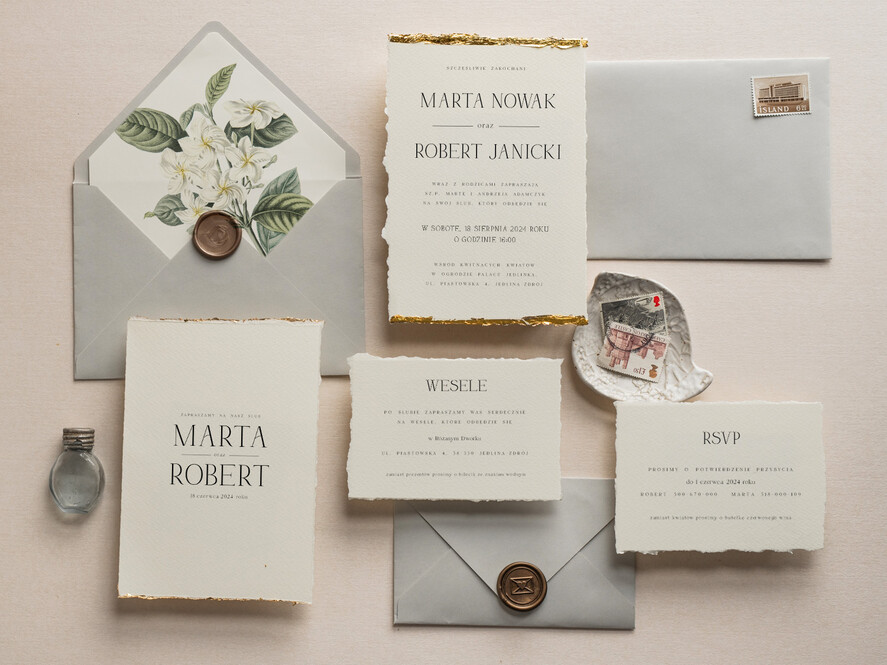 Zaproszenia ślubne Wydzierane Brzegi Eleganckie Zaproszenia ślubne ozdorione złotem, delikatne zaproszenia na ślub ze złotem, zaproszenia ślubne vintage0