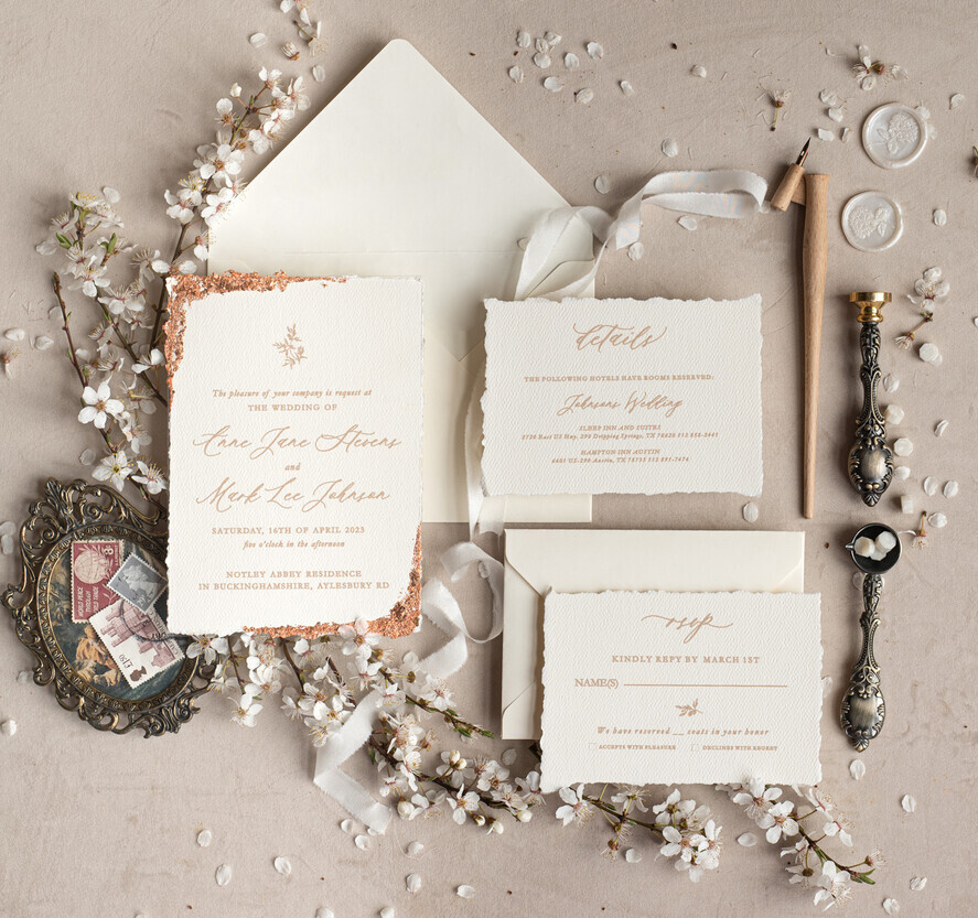 Zaproszenia ślubne Wydzierane Brzegi darte zaproszenia slubne z jedwabną wstążką, wyjątkowe zaproszenia ślubne z wydzieranymi krawędziami, eleganckie darte karty zaproszeń ślubnych 3