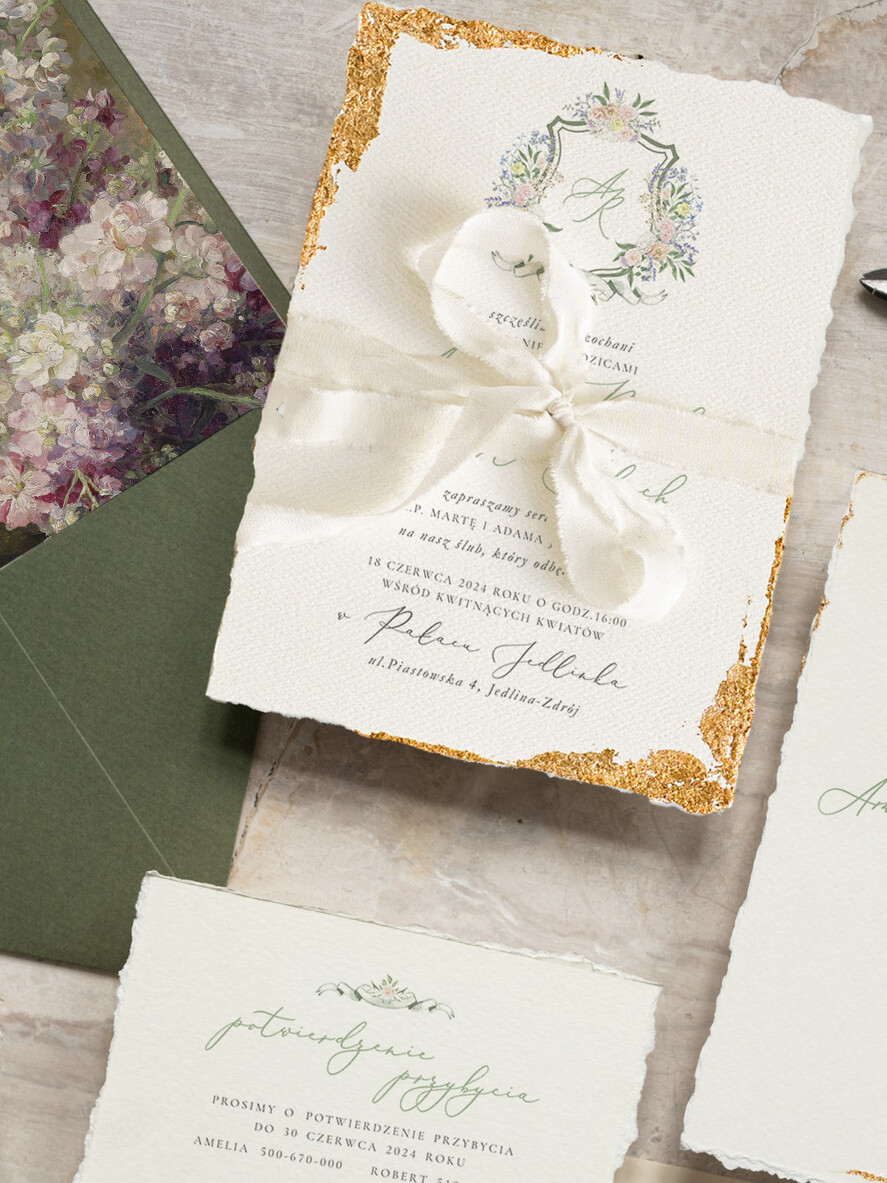 Zaproszenia ślubne Wydzierane Brzegi Zaproszenia ślubne z płatkami złota, delikatne zaproszenia na ślub ze złotem, zaproszenie glamour z jedwabną wstążką, eleganckie rustykalne zaproszenia slubne2