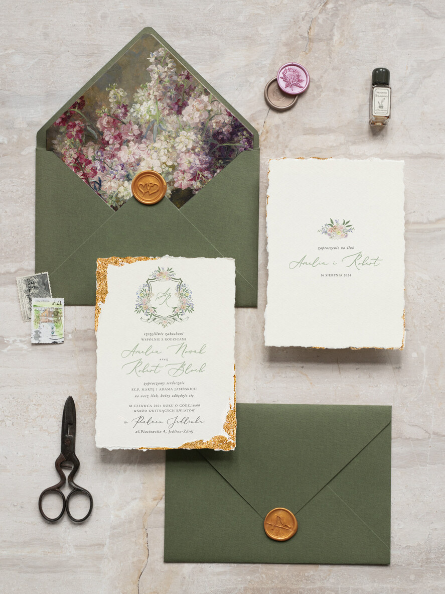 Zaproszenia ślubne Wydzierane Brzegi Zaproszenia ślubne z płatkami złota, delikatne zaproszenia na ślub ze złotem, zaproszenie glamour z jedwabną wstążką, eleganckie rustykalne zaproszenia slubne3