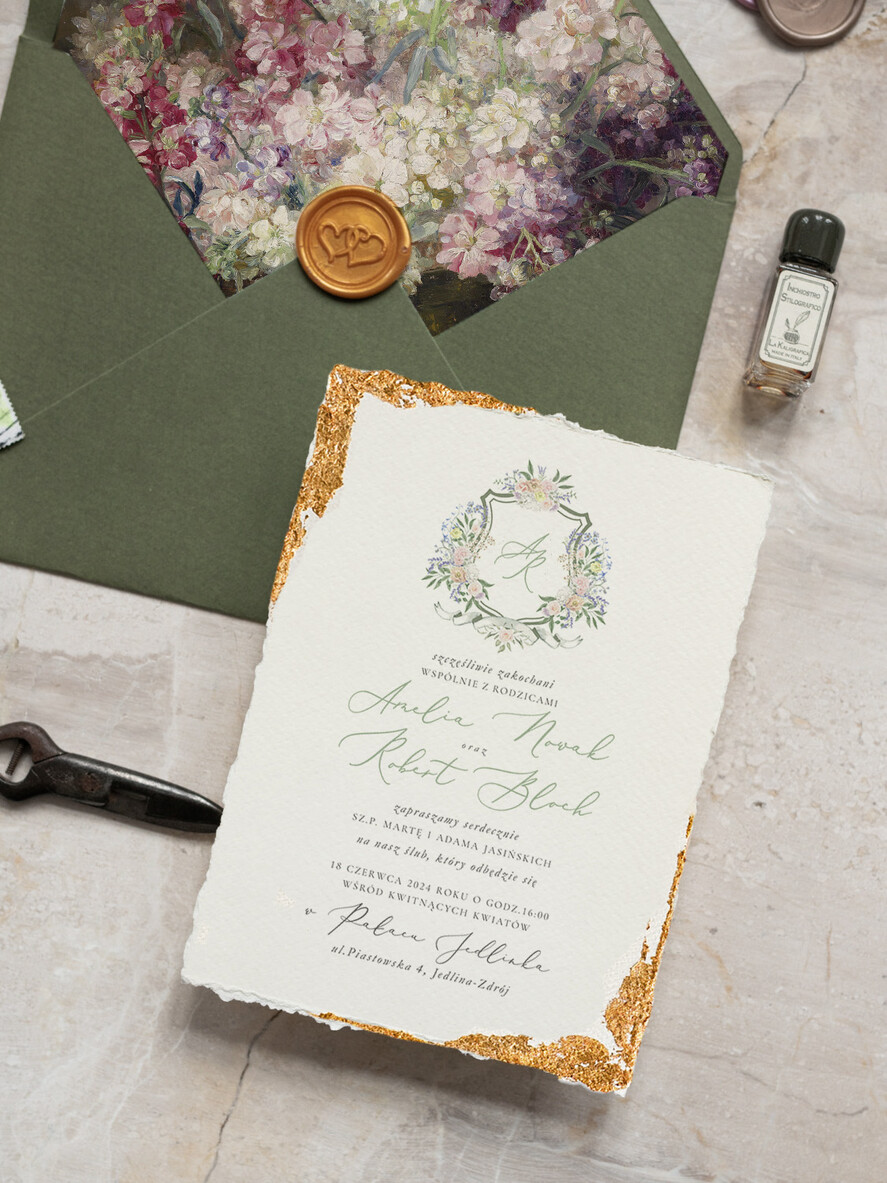 Zaproszenia ślubne Wydzierane Brzegi Zaproszenia ślubne z płatkami złota, delikatne zaproszenia na ślub ze złotem, zaproszenie glamour z jedwabną wstążką, eleganckie rustykalne zaproszenia slubne5