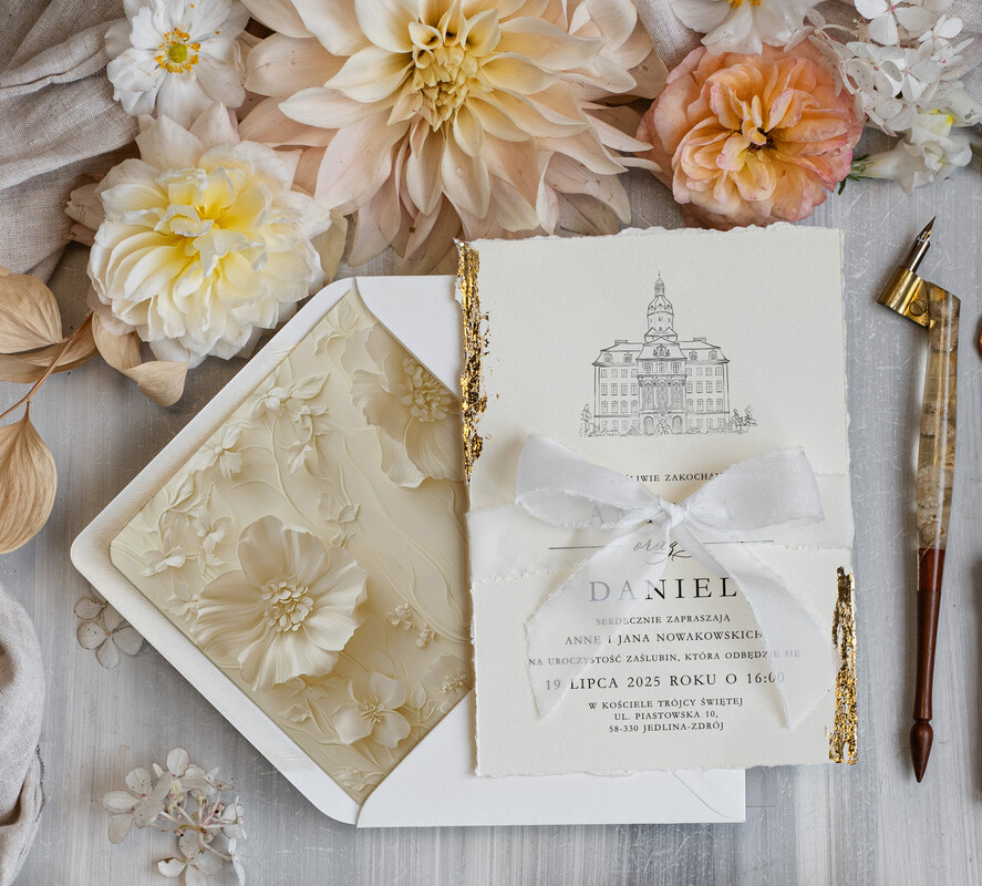 Zaproszenia ślubne Wydzierane Brzegi Zaproszenia Ślubne Z Płatkami Złota, Delikatne Zaproszenia Na Ślub Ze Złotem, Zaproszenie Glamour Z Białą Wstążką, Darte Krawędzie W Zaproszeniach Ślubnych1