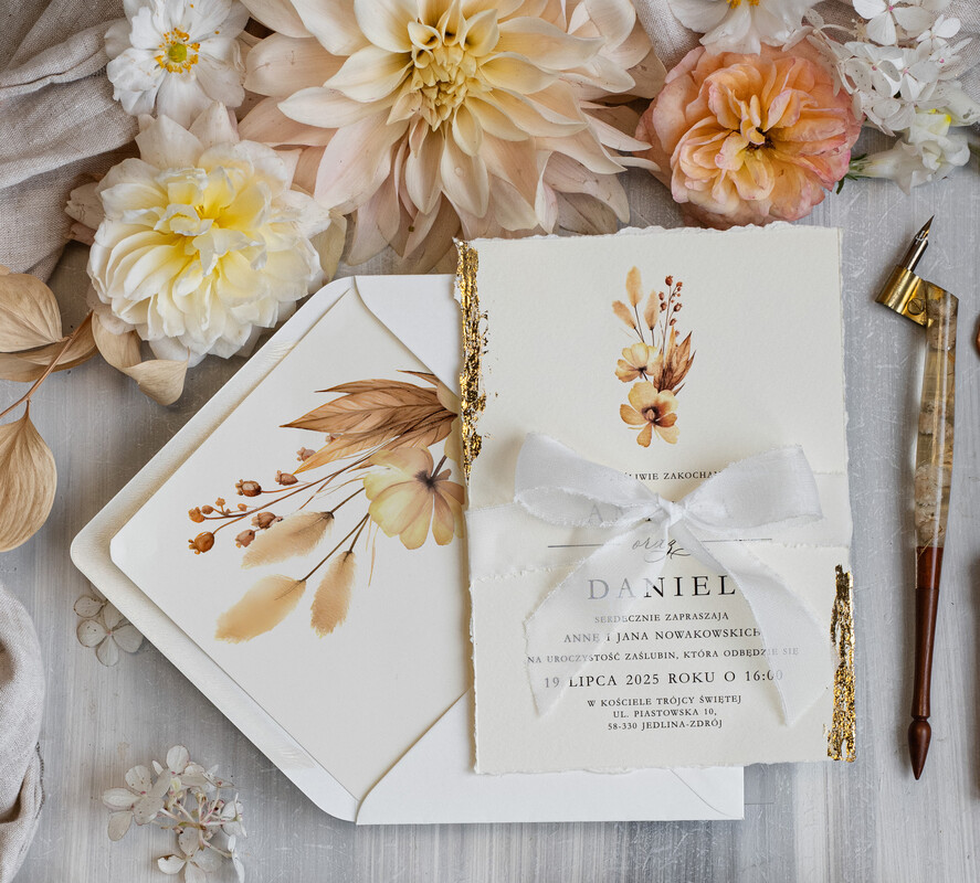 Zaproszenia ślubne Wydzierane Brzegi Zaproszenia Ślubne Z Płatkami Złota, Delikatne Zaproszenia Na Ślub Ze Złotem, Zaproszenie Glamour Z Białą Wstążką, Darte Krawędzie W Zaproszeniach Ślubnych1