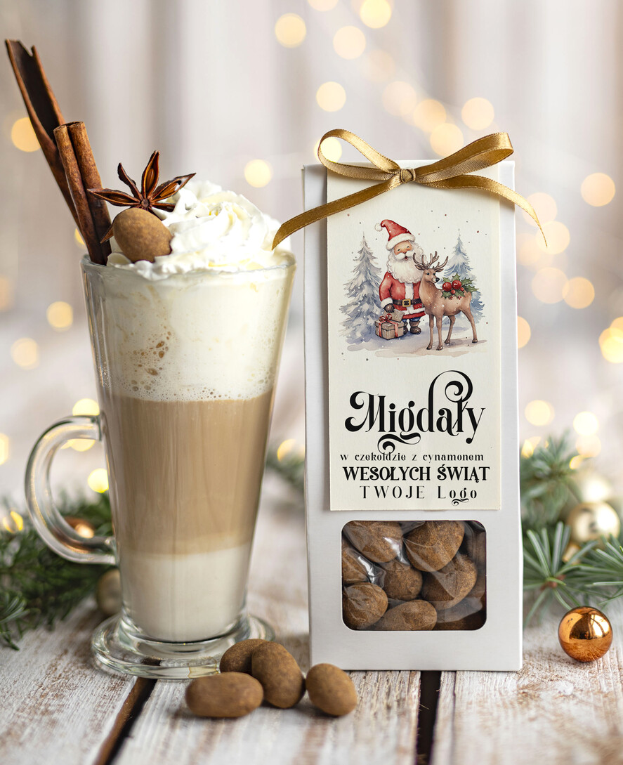 Prezenty oferta dla Firm CHRUPKIE DODATKI Migdały w belgijskiej mlecznej czekoladzie z cynamonem drobne prezenty biznesowe dla firm, drobne słodycze upominki na święta dla pracowników, prezent bożonarodzeniowy dla pracowników i kontrahentów, drobne prezenty firmowe0