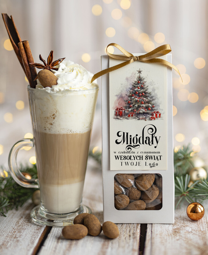 Prezenty oferta dla Firm CHRUPKIE DODATKI Migdały w belgijskiej mlecznej czekoladzie z cynamonem drobne prezenty biznesowe dla firm, drobne słodycze upominki na święta dla pracowników, prezent bożonarodzeniowy dla pracowników i kontrahentów, drobne prezenty firmowe0