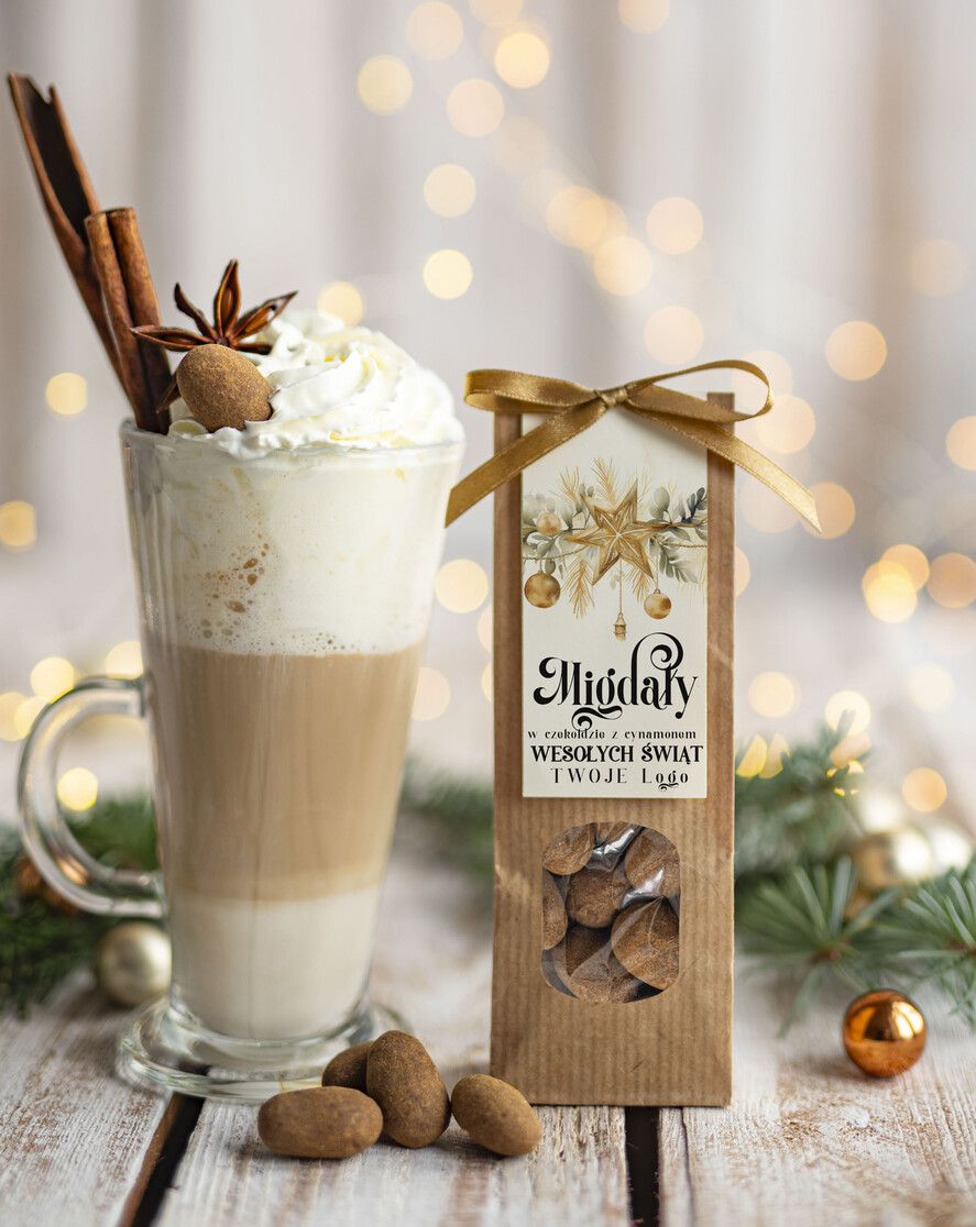 Prezenty oferta dla Firm CHRUPKIE DODATKI Migdały w belgijskiej mlecznej czekoladzie z cynamonem drobne prezenty biznesowe dla firm, drobne słodycze upominki na święta dla pracowników, prezent bożonarodzeniowy dla pracowników i kontrahentów, drobne prezenty firmowe0