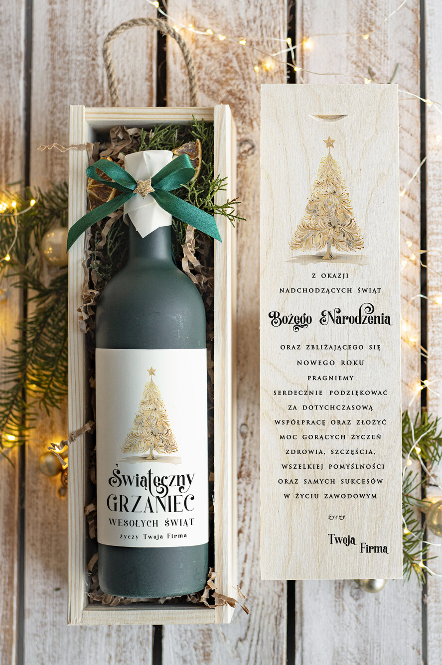 Prezenty oferta dla Firm GRZANIEC Grzaniec ze świąteczną etykietą w drewnianej skrzynce z nadrukiem, firmowe świąteczne prezenty dla klientów, upominki prezenty biznesowe dla firm,0