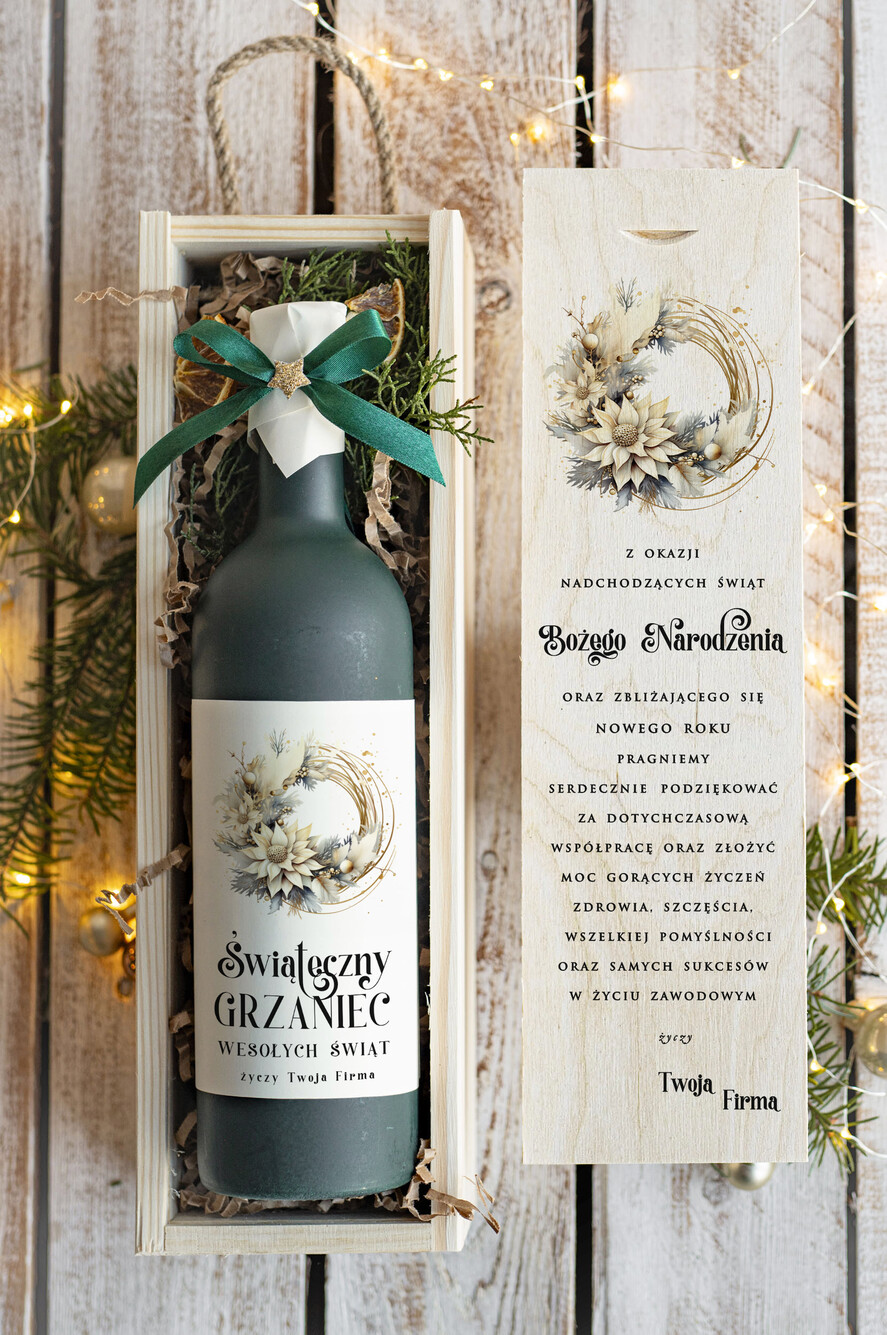 Prezenty oferta dla Firm GRZANIEC Grzaniec ze świąteczną etykietą w drewnianej skrzynce z nadrukiem, firmowe świąteczne prezenty dla klientów, upominki prezenty biznesowe dla firm,0