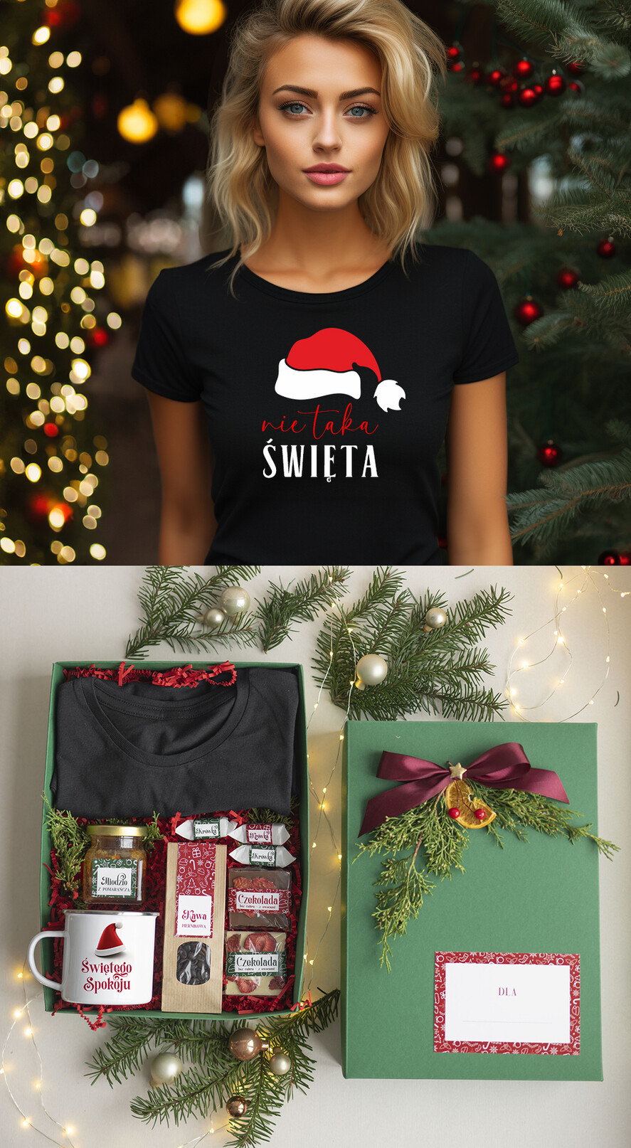 prezenty dla niej Zestawy z Koszulką  Prezent dla Niej Świąteczna Koszulka z napisem, pomysl na prezent dla mamy pod choinkę zestaw z koszulką , prezent na święta dla dziewczyny Koszulka T Shirt Damski w  Zestawie Prezentowy dla żony0
