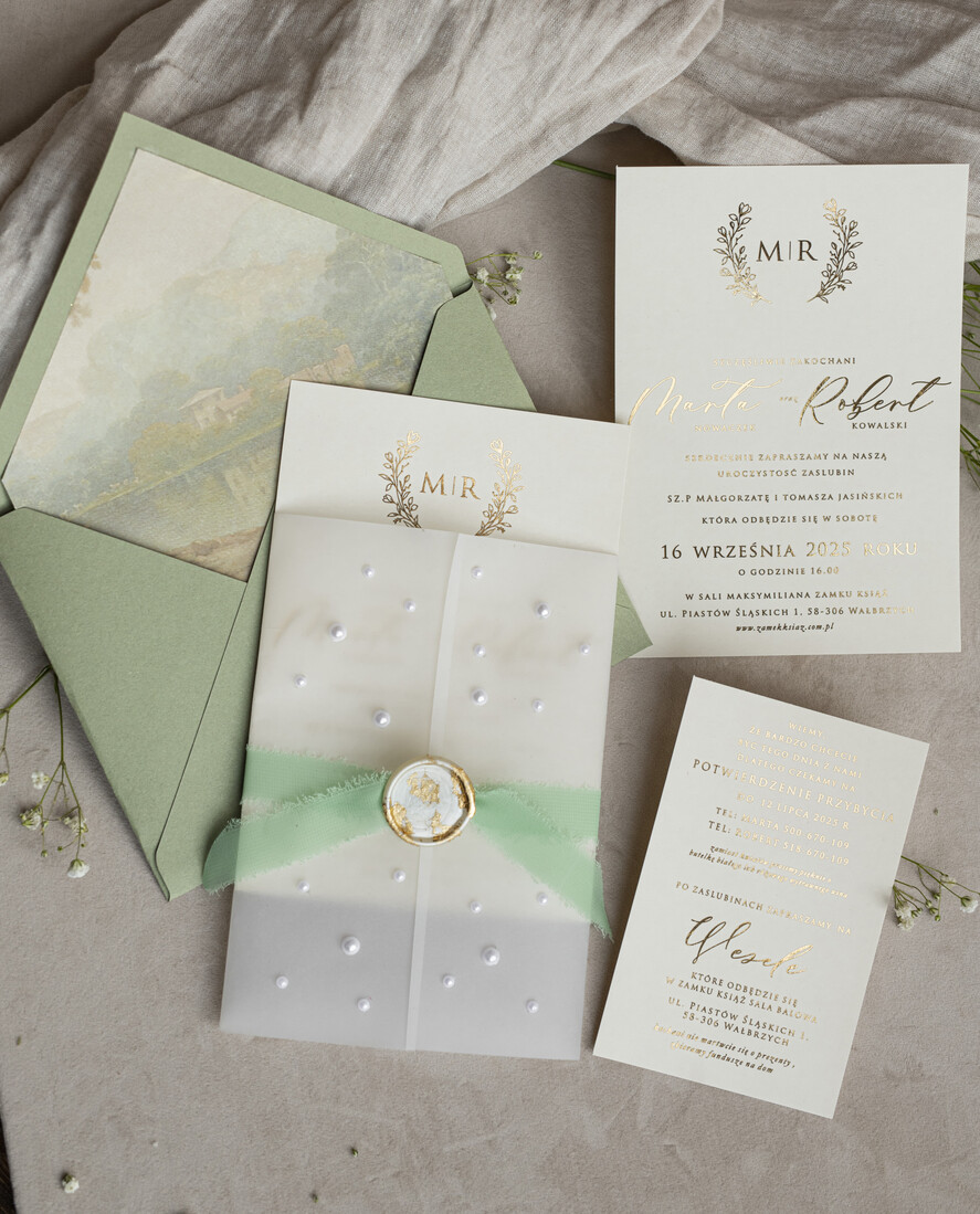 Zaproszenia ślubne z perełkami / tłoczeniem zaproszenia ślubne z perełkami, minimalistyczne zaproszenie na ślub z perełkami i kalką, złocone zaproszenie na ślub cywilny perły, lak z płatkami złota 0