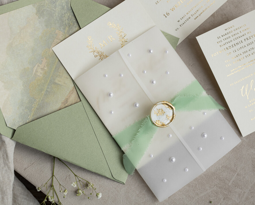 Zaproszenia ślubne z perełkami / tłoczeniem zaproszenia ślubne z perełkami, minimalistyczne zaproszenie na ślub z perełkami i kalką, złocone zaproszenie na ślub cywilny perły, lak z płatkami złota 2