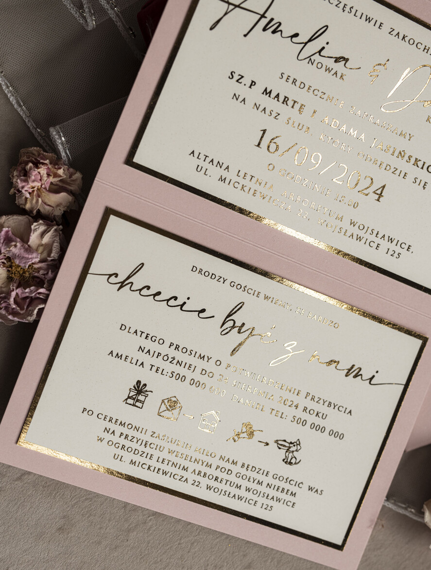 Zaproszenia ślubne z perełkami / tłoczeniem kopertowe złocone zaproszenia ślubne z perełkami, różowe peonie zaproszenie na ślub z perełkam, pudrowy róż złocone zaproszenie na ślub cywilny perły i piwonie5