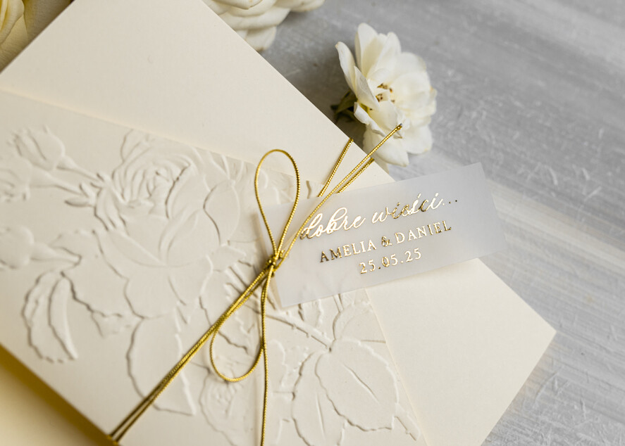 Zaproszenia ślubne z perełkami / tłoczeniem eleganckie ślubne zaproszenia, kremowe  zaproszenia ślubne, złote tłoczone zaproszenia ślubne, zaproszenia na ślub z tłoczonymi kwiatami 5