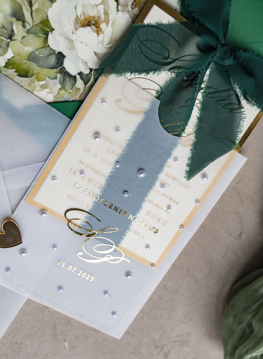 Zaproszenia ślubne z perełkami / tłoczeniem złote zaproszenia ślubne z perełkami, eleganckie zaproszenie na ślub w kalkowym etui,  złocone zaproszenie na ślub cywilny perły19