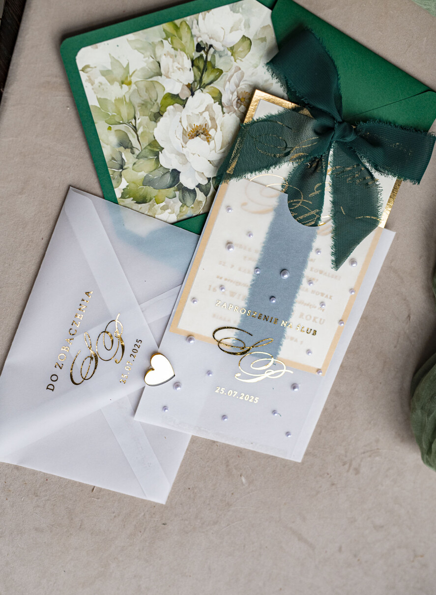 Zaproszenia ślubne z perełkami / tłoczeniem złote zaproszenia ślubne z perełkami, eleganckie zaproszenie na ślub w kalkowym etui,  złocone zaproszenie na ślub cywilny perły20