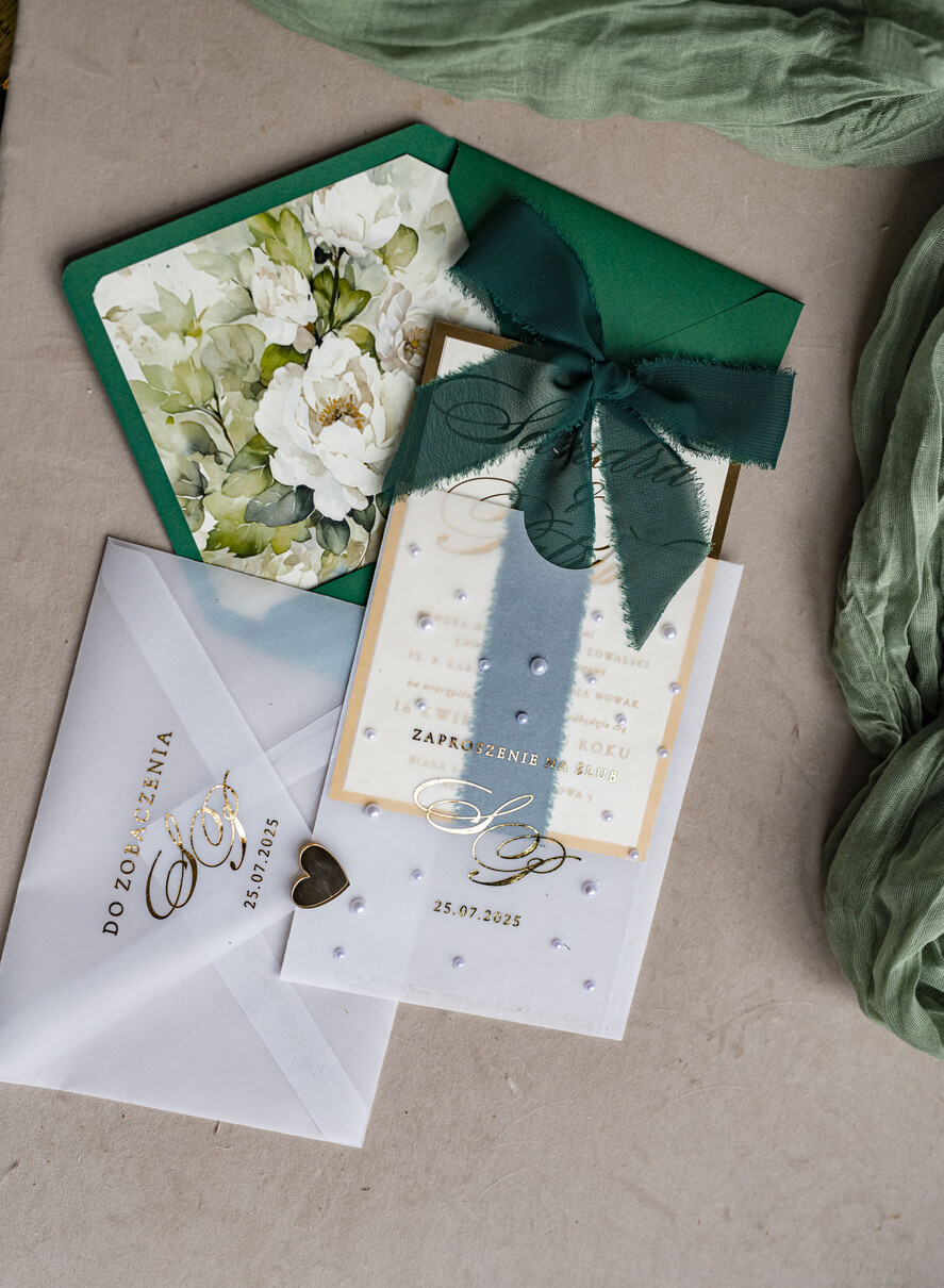 Zaproszenia ślubne z perełkami / tłoczeniem złote zaproszenia ślubne z perełkami, eleganckie zaproszenie na ślub w kalkowym etui,  złocone zaproszenie na ślub cywilny perły21