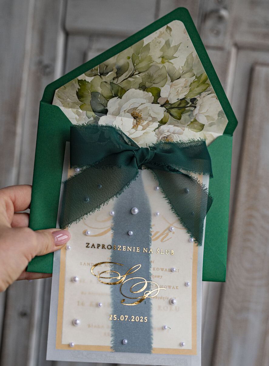 Zaproszenia ślubne z perełkami / tłoczeniem złote zaproszenia ślubne z perełkami, eleganckie zaproszenie na ślub w kalkowym etui,  złocone zaproszenie na ślub cywilny perły10
