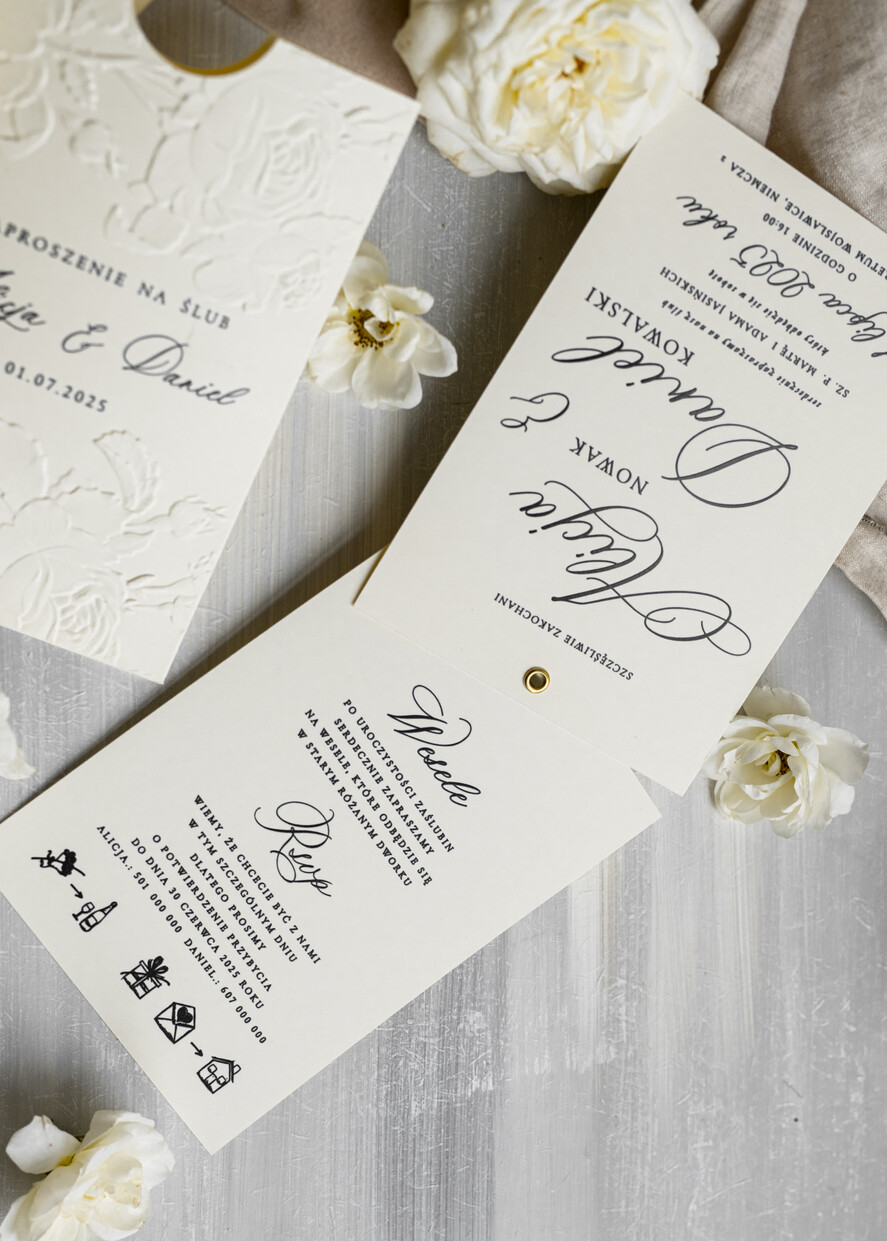 Zaproszenia ślubne z perełkami / tłoczeniem zaproszenia ślubne w kieszonce, eleganckie zaproszenia ślubne z tłoczonymi kwiatami, tłoczone zaproszenia na ślub i wesele, tłoczone zaproszenie ślubne4