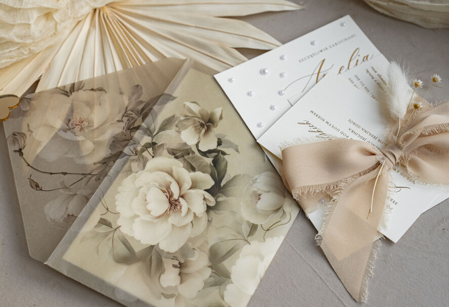 Zaproszenia ślubne z perełkami / tłoczeniem złocone zaproszenia ślubne z perełkami kalkowa koperta, boho zaproszenie na ślub z perełkami i kalką, kalkowa koperta vintage kwiaty z perłami, zaproszenie na ślub cywilny perły8
