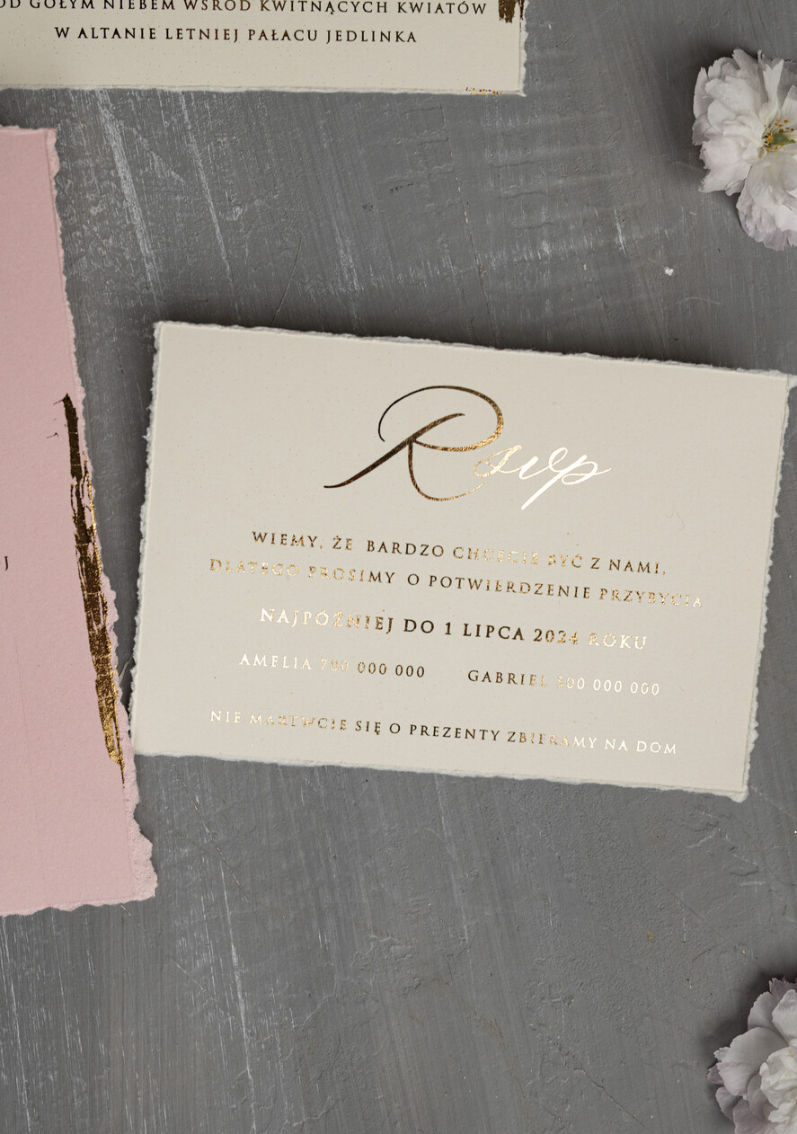 Zaproszenia ślubne z perełkami / tłoczeniem oryginalne zaproszenia ślubne, złote tłoczone zaproszenia ślubne, zaproszenia na ślub z tłoczonymi kwiatami, darte zaproszenie ślubne8