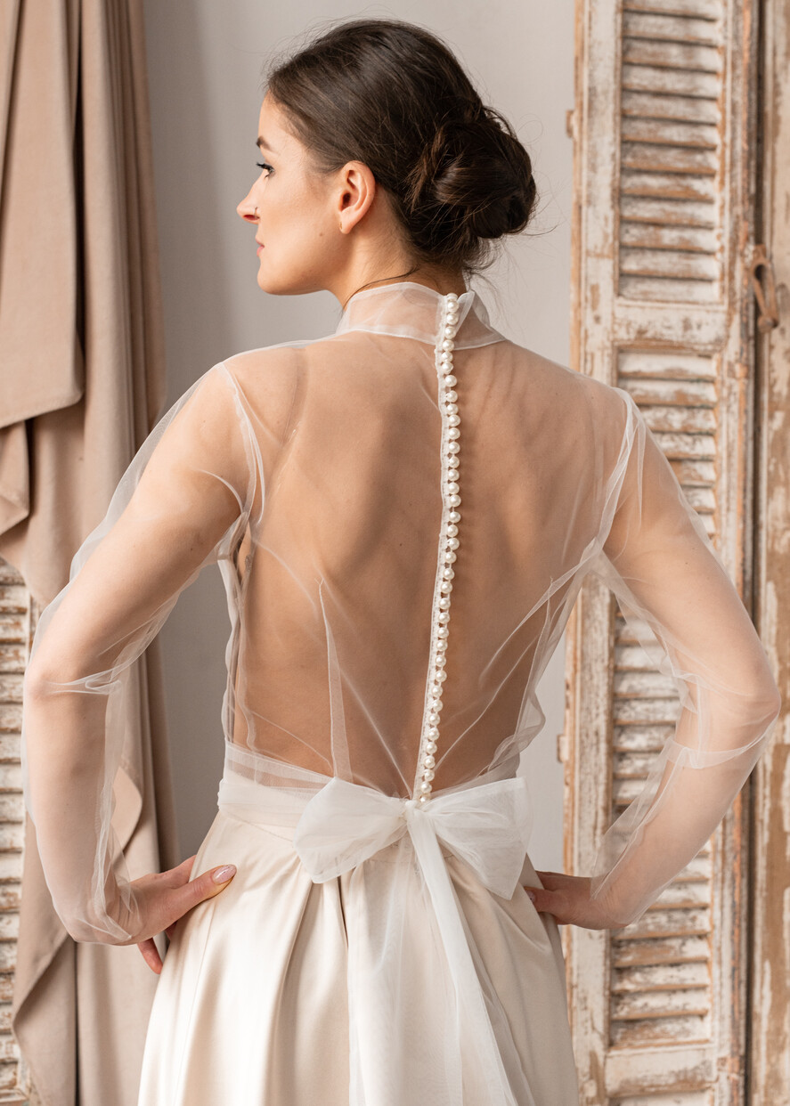 Panna Młoda Bolerka bolerka, narzutki, sweterki narzutka do sukni ślubnej, bolerko ślubne z tiulu, przezroczyste bolerko ślubne, bolerko w kolorze ecru, delikatne bolerko do sukienki slubnej6