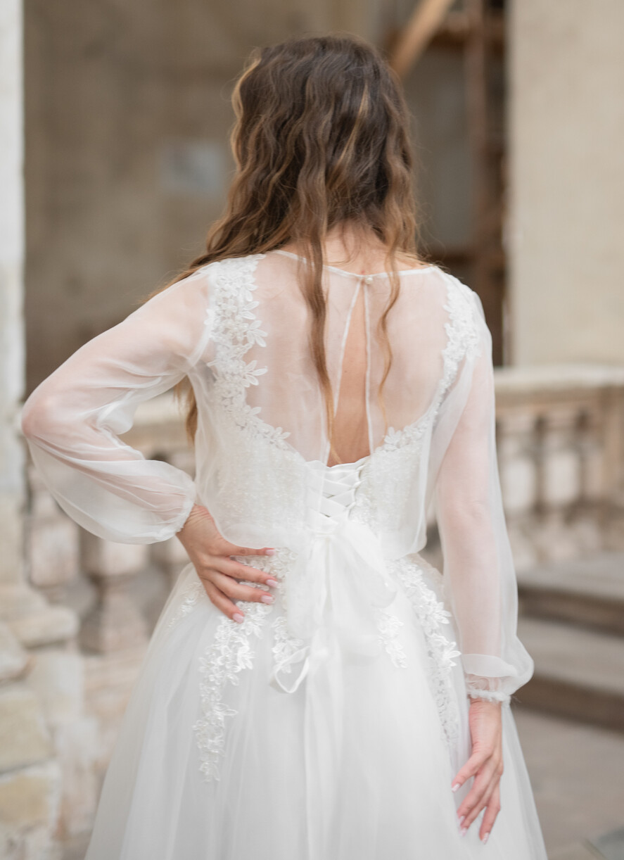 Panna Młoda Bolerka bolerka, narzutki, sweterki Delikatne szyfonowe bolerko ślubne z dlugim rekawem,  Bolerko ślubne Boho z odkrytymi plecami, delikatna mgiełka3